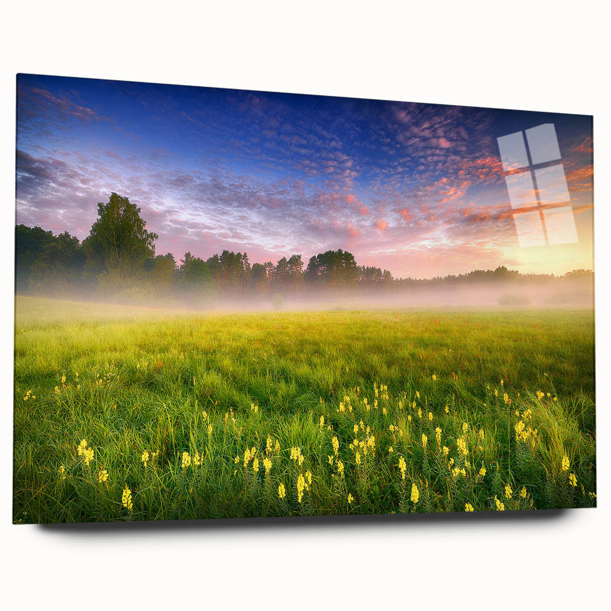 Large abstract wall art depicting a scenic European landscape, in muted blue and green tones on acrylic glass.