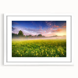 Abstract art print featuring a vibrant blend of orange and blue hues on a white framed canvas, ideal for dining room decor.