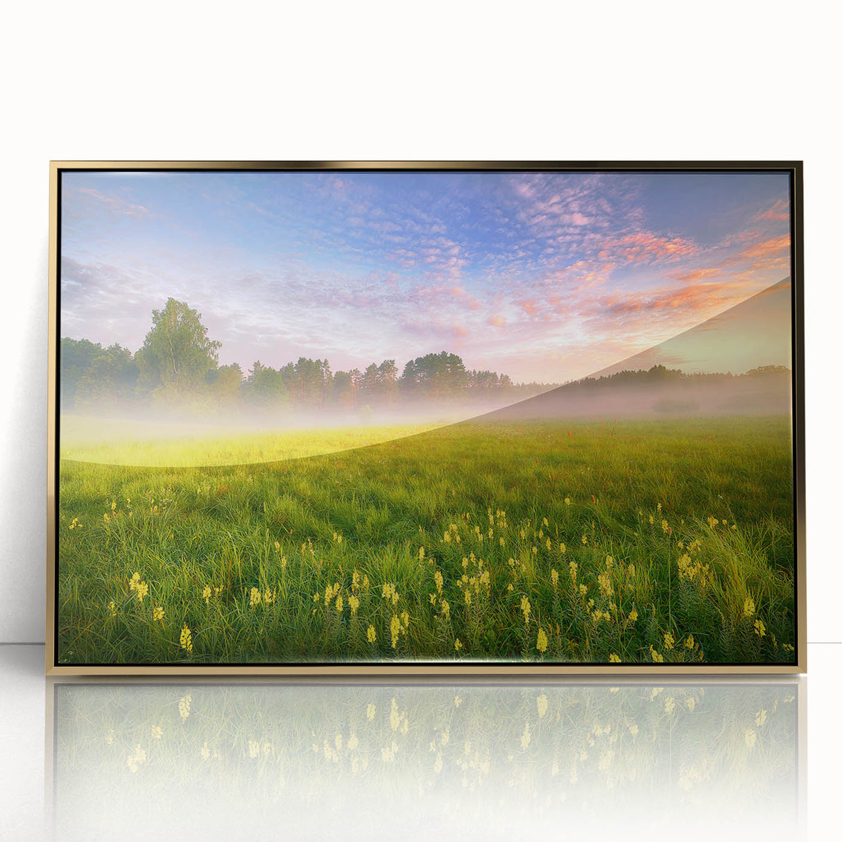 Mid-century modernist acrylic print of a European scenery, with muted earth tones, framed in gold.