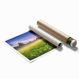 Extra large rolled print of a floral landscape in muted greens and blues, ideal for classy bathroom wall art.