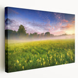 Large canvas print featuring a scenic European landscape in soft pastel hues, ideal for kitchen wall art.