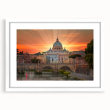 Abstract art print of the Vatican scenery in muted earth tones on a framed white mat, ideal for dining room decor.