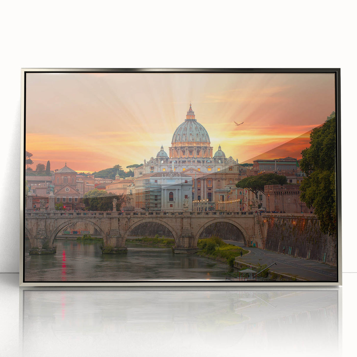 Mid-century modernist art of the Vatican scenery in muted earth tones on a framed acrylic, ideal for modern art wall decor.
