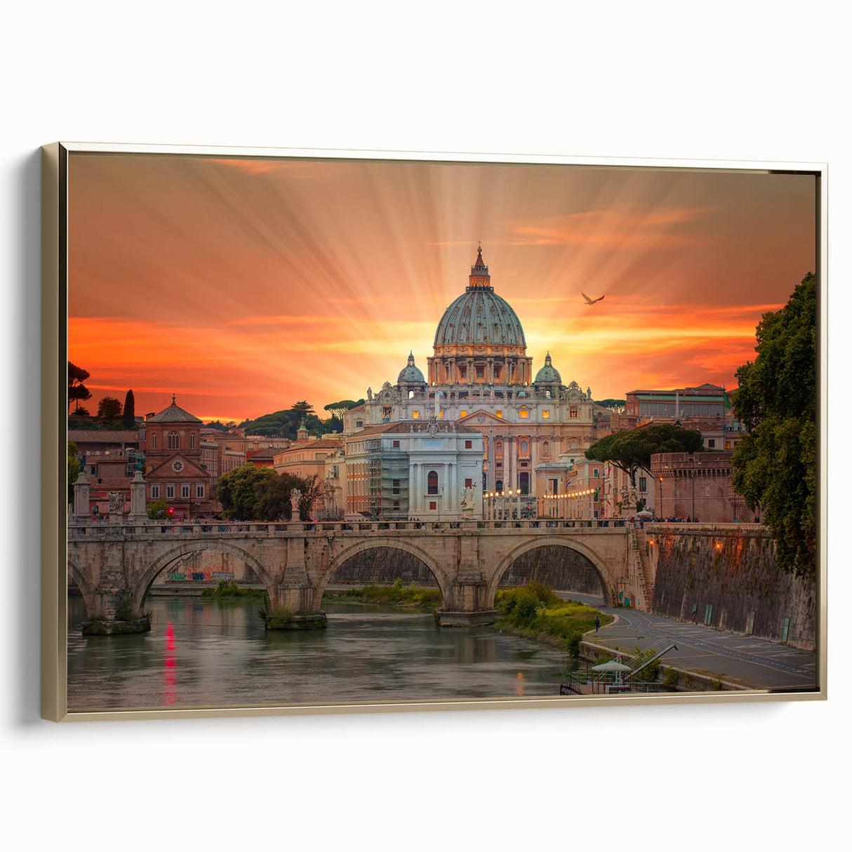 Framed canvas depicting a vintage-style European landscape, with muted gold and black tones, ideal for bedroom wall decor.