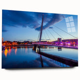 Large abstract wall art featuring a serene Welsh landscape in muted greens and blues on acrylic glass.