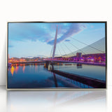 Mid-century modernist art depicting a serene Welsh landscape in muted earth tones, acrylic print framed in silver.