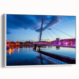 Vintage poster art of a Welsh landscape on framed canvas, featuring vibrant greens and blues, ideal for living room decor.