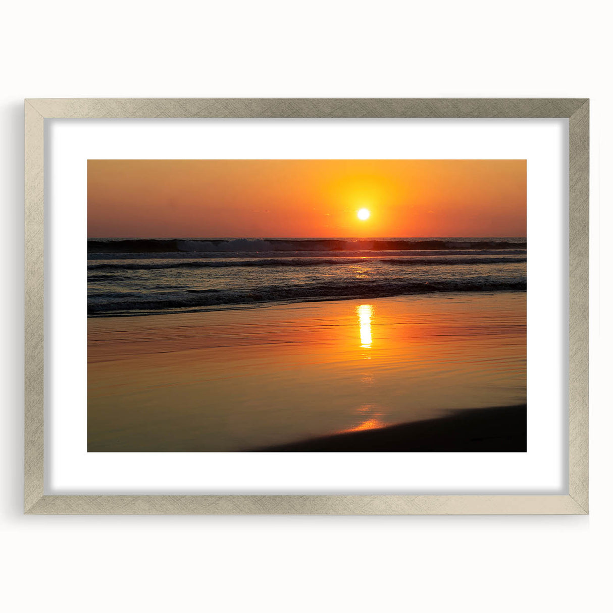 Textured art print of an abstract Acapulco scenery in muted earth tones, framed with a silver mat, ideal for bedroom decor.