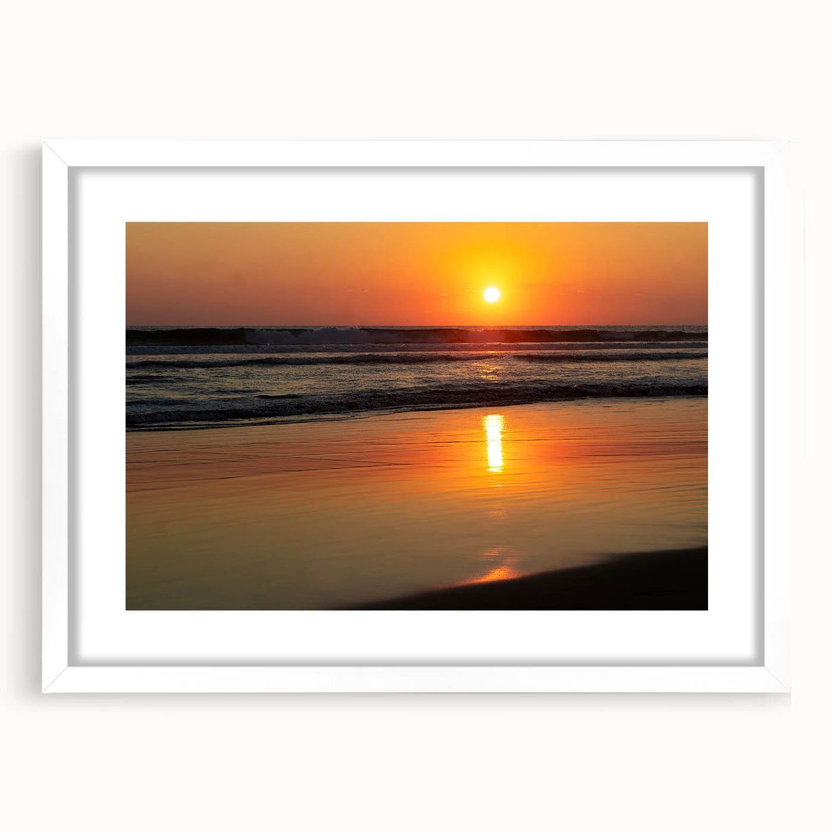Abstract art print of Acapulco scenery in muted blue and green tones on a framed white mat, ideal for dining room decor.
