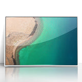 Art deco poster of Baja California scenery in muted pastel shades, framed acrylic, ideal for modern nursery wall art.