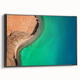 Black and white framed canvas of Baja California landscape, vintage poster style, ideal for bedroom wall art.