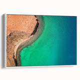 Vintage poster art of Baja California scenery on a framed canvas, featuring vibrant colors and ideal for living room decor.