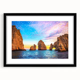 Large abstract wall art depicting a vibrant Cabo San Lucas scenery in a black frame, suitable for modern art wall decor.