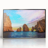 Textured art of Cabo San Lucas scenery in abstract style with muted blue and silver tones on a framed acrylic print.