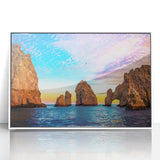 Abstract art print of Cabo San Lucas scenery on white framed acrylic, ideal for dining room decor.