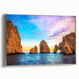 Framed canvas landscape art painting of Cabo San Lucas with vibrant colors and vintage poster style, ideal for a living room.