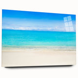 Large abstract wall art of Cancun scenery in vibrant blue and green tones on acrylic glass.