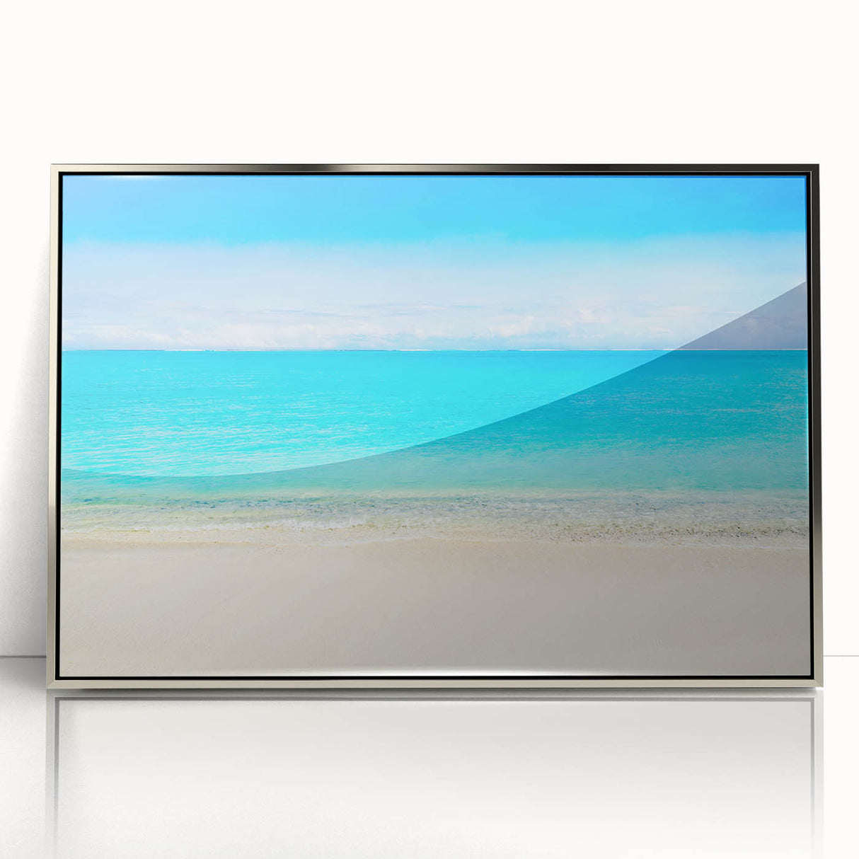 Framed acrylic print of Cancun scenery with silver frame, featuring mid-century modernist style.