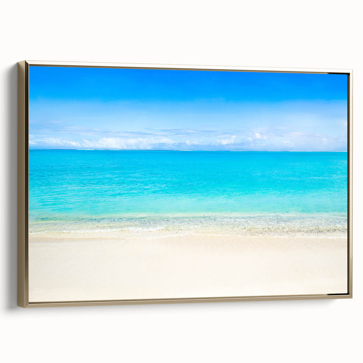 Framed canvas featuring a vintage-style landscape painting of Cancun with a gold frame, ideal for bedroom wall art.
