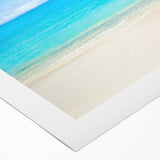 Art deco style poster of Cancun scenery on rolled canvas, featuring pastel blue and pink hues.
