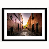 Colorful abstract art print of Mexico City scenery on a large framed canvas with textured details.