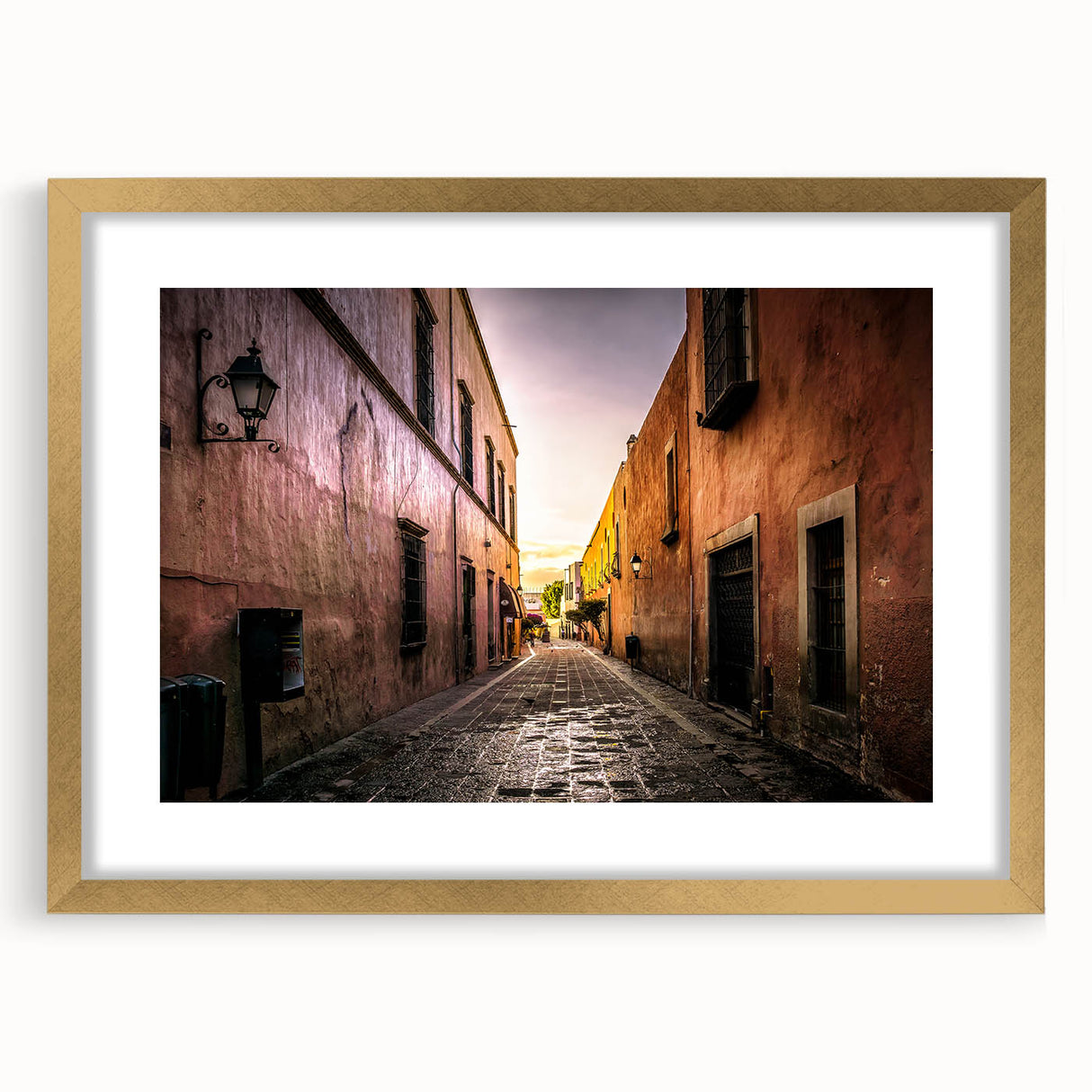 Extra large wall art of abstract Mexico City scenery in textured gold frame, ideal for living room decor.