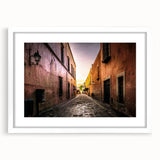 Abstract art print of Mexico City with vibrant colors on a white-framed mat, ideal for dining room decor.