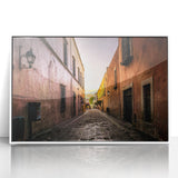 Acrylic print of Mexico City scenery in art deco style, framed in white, ideal for modern nursery wall art.