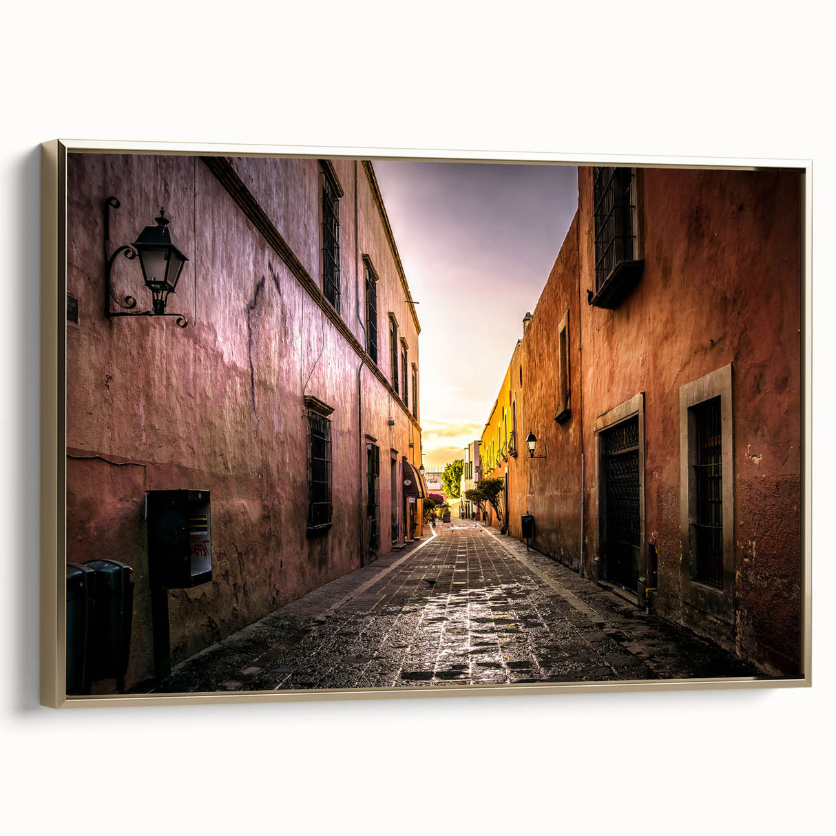 Framed canvas of Mexico City landscape in vintage poster style with black and gold tones, ideal for bedroom wall decor.