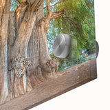 Large abstract wall art depicting Oaxaca scenery in muted earth tones on acrylic glass, suitable for dining room ambiance.