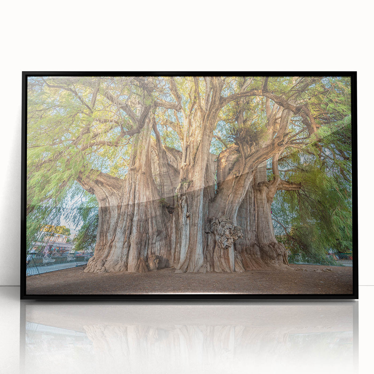 Large abstract wall art featuring a mid-century modernist design of Oaxaca scenery in muted earth tones.