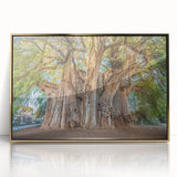 Mid-century modernist art of Oaxaca scenery in muted earth tones on framed acrylic, suitable for nursery wall art.