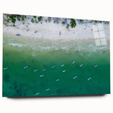 Large abstract wall art depicting a serene Quintana Roo scenery in muted blue and green tones on acrylic glass.