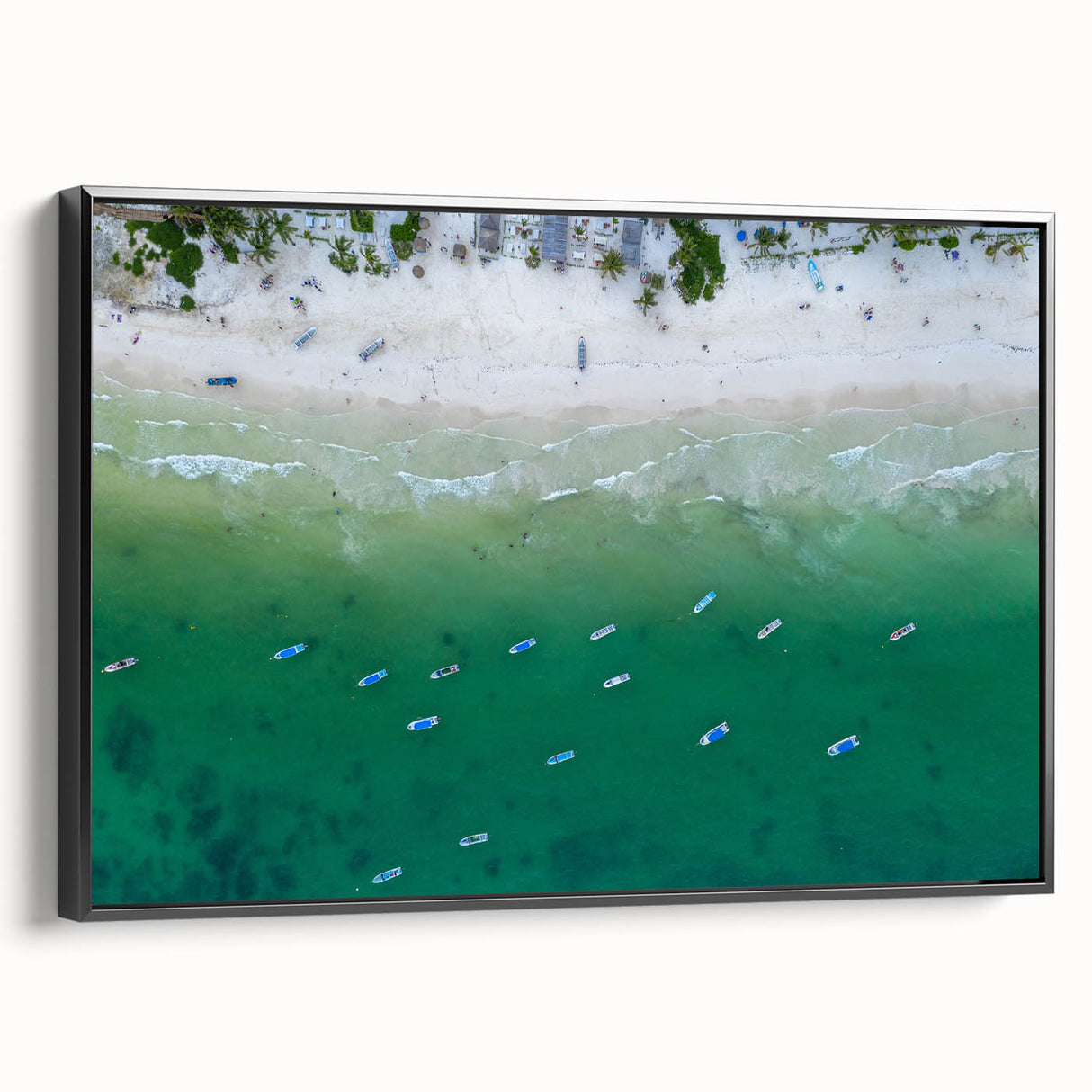 Black and white framed canvas of Quintana Roo landscape in a vintage poster style, ideal for bedroom wall art.
