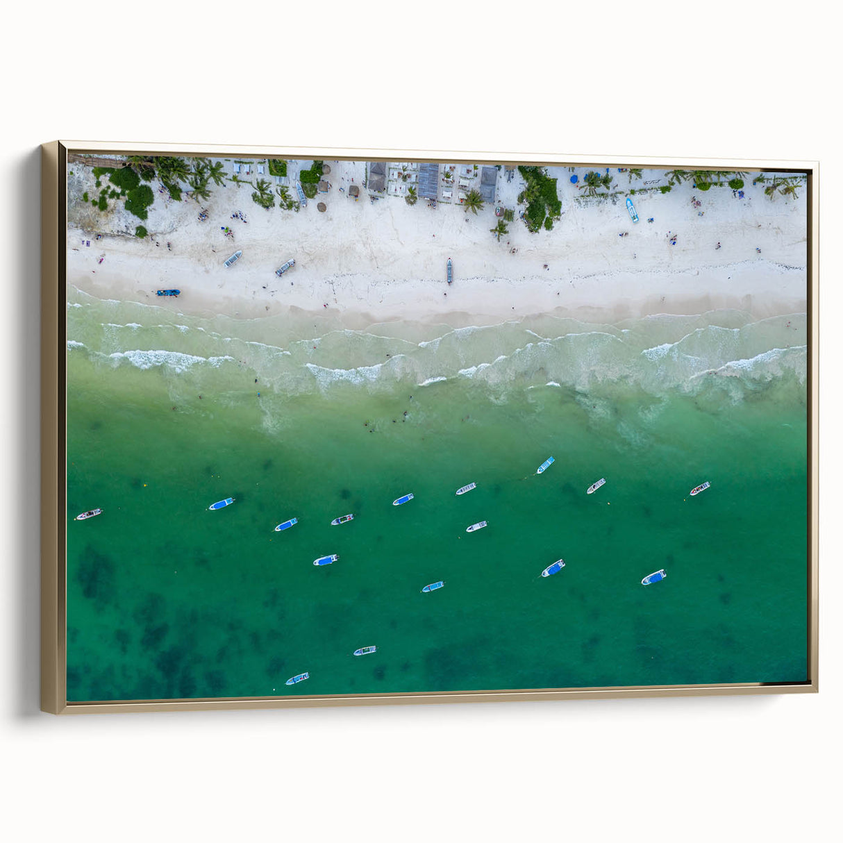 Framed canvas depicting a vintage-style landscape painting of Quintana Roo, featuring muted earth tones.