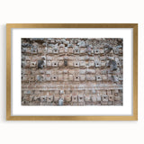 Extra large abstract art print depicting textured scenery of Mexico's Yucatán, in a gold frame, ideal for living room decor.