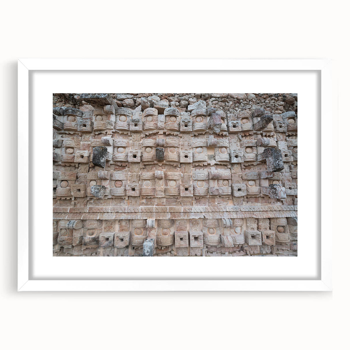 Abstract art print depicting vibrant Yucatan scenery on a framed white mat, ideal for dining room decor.