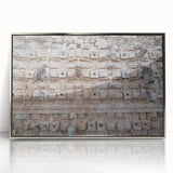 Mid-century modernist art depicting Yucatan scenery in muted earth tones on a framed acrylic.