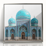 Mid-century modernist art depicting a Middle Eastern landscape in muted earth tones on a framed acrylic.