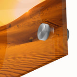 Acrylic glass print of Dubai skyline with large abstract elements in muted gold and blue, ideal for dining room art.