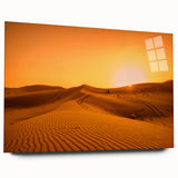 Acrylic print of Dubai skyline in muted earth tones, ideal for bedroom or dining room decor.