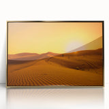 Acrylic print of Dubai skyline in gold and black tones, framed, ideal for modern art wall decor.