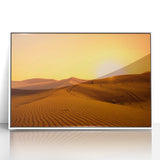 Acrylic print of Dubai skyline in muted earth tones, framed in white, suitable for modern art wall decor.