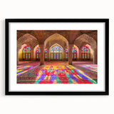 Extra large abstract art print depicting a colorful, textured scenery of Middle-East Iran, in a black frame with mat.