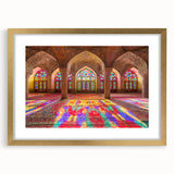 Extra large abstract art print of Middle Eastern scenery in muted earth tones on a gold-framed canvas.