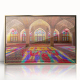 Large art print of a Middle Eastern scenery in Iran, featuring a gold-framed acrylic with mid-century modernist style.