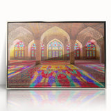 Mid-century modernist art depicting a scenic view of Iran, in muted earth tones on framed acrylic.