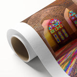 Art deco style poster of a Middle Eastern landscape on rolled canvas, in earthy tones, ideal for nursery wall art.