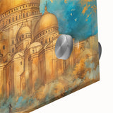 Large abstract wall art depicting a Middle Eastern scenery in muted earth tones on acrylic glass, ideal for dining room art.