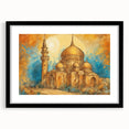 Extra large colorful abstract art print of a Middle Eastern scenery in a black frame, ideal for living room decor.